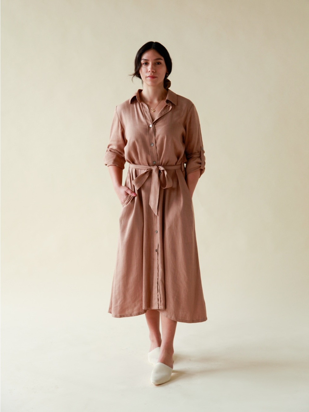 Baan de Sol Button-Front Tie-Waist Midi Dress/Duster in Mocha Mousse